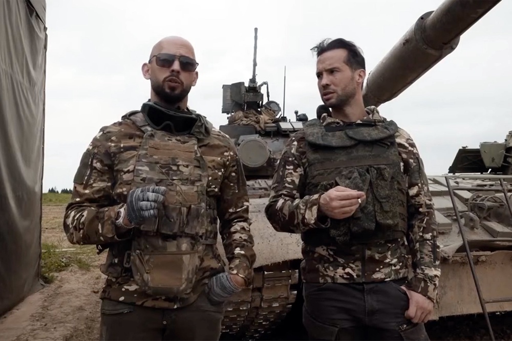 A screen grab of a clip from video footage showing Andrew and Tristan Tate taking part in military style training in Russia (Tate Confidential)