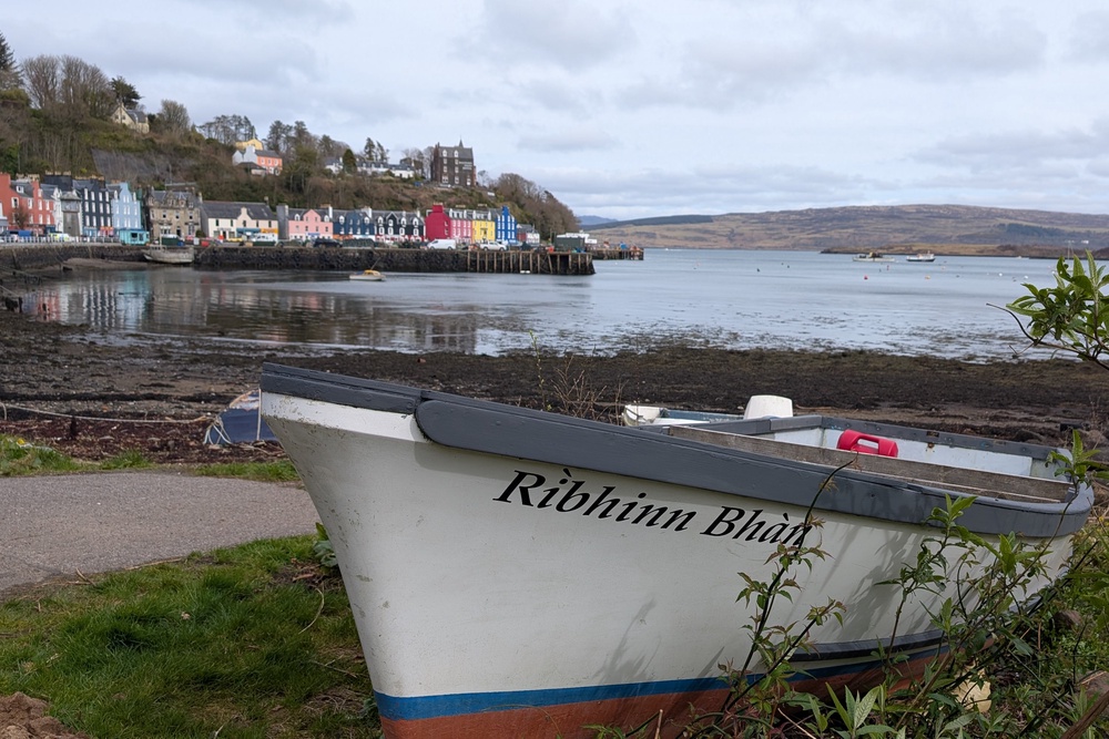 A fishing boat with the colourful houses of Tobermory in the background (Julia Clarke)