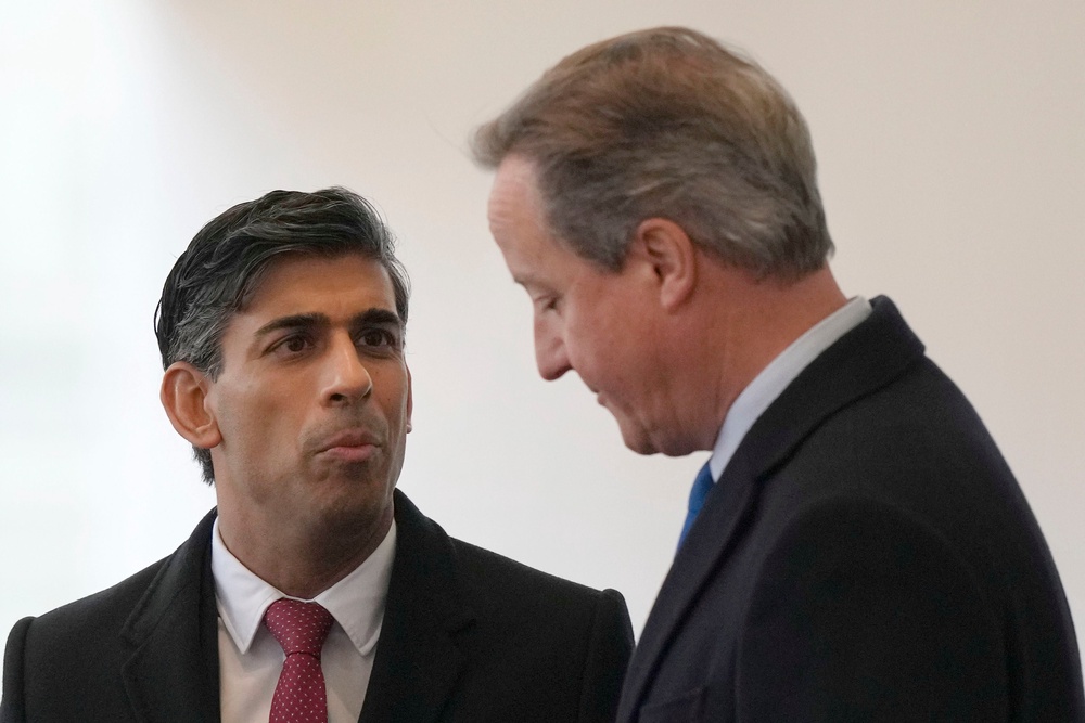 Mr Cameron did not say that he had privately urged Mr Sunak not to call the election when he spoke hours later (PA)