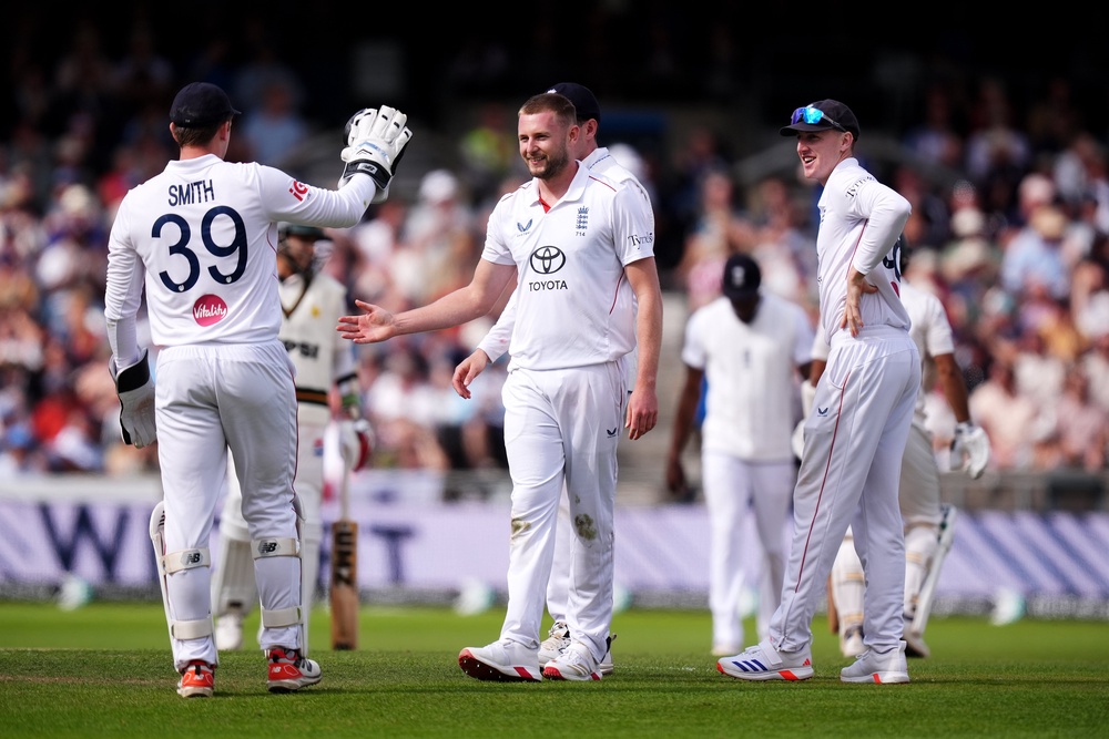 England’s Gus Atkinson celebrates taking the wicket of Pakistan’s Mohammad Rizwan (Mike Egerton/PA). (PA Wire)