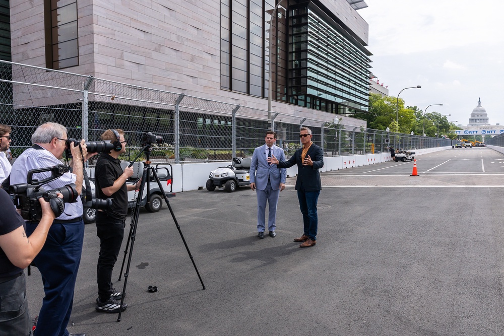 Secretary of Transportation Sean Duffy conducts an interview on the Freedom 250 Grand Prix track outside of the National Gallery of Art on August 20, 2026 in Washington, DC. (Getty Images)