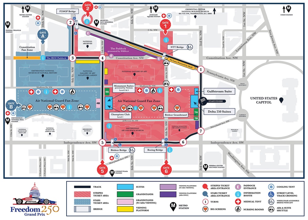 The route, seen in black, will take drivers past the Capitol, Washington Monument and National Archives (America 250 Grand Prix)