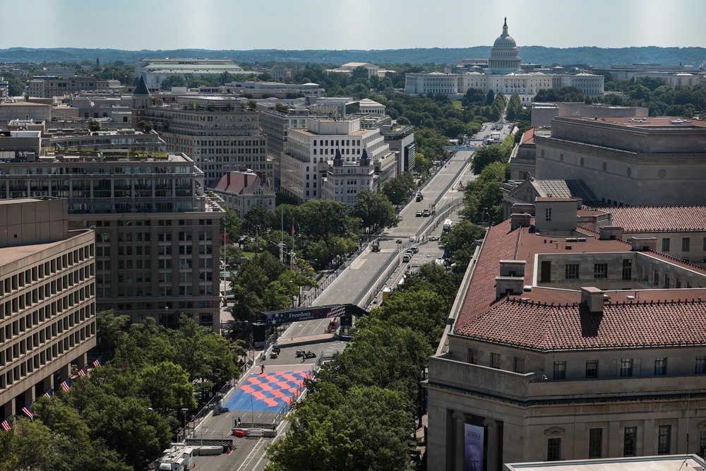 The Indy Car race track is visible down Pennsylvania Avenue for the Freedom 250 Grand Prix on August 19, 2026 in Washington, DC. (Getty Images)