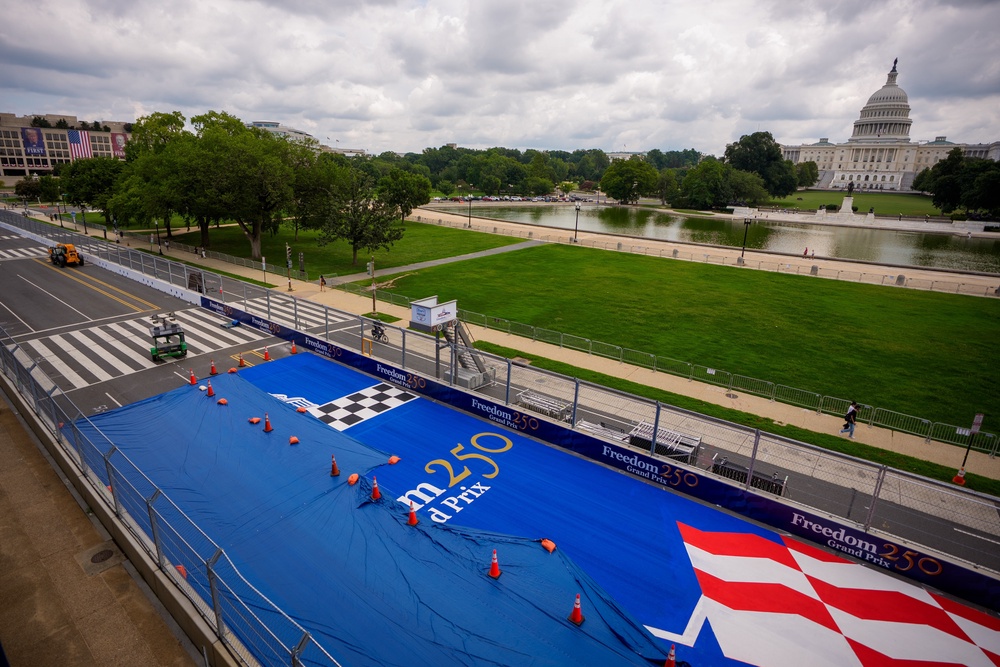 he U.S. Capitol Building is visible at the finish line of the Indy Car race track for the Freedom 250 Grand Prix on August 18, 2026 in Washington, DC. (Getty Images)