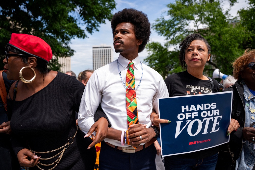 Republicans broke up the majority-Black 9th district in Tennessee. State House Rep. Justin Pearson, a candidate for the seat, protested the efforts in Tennessee. (Reuters)