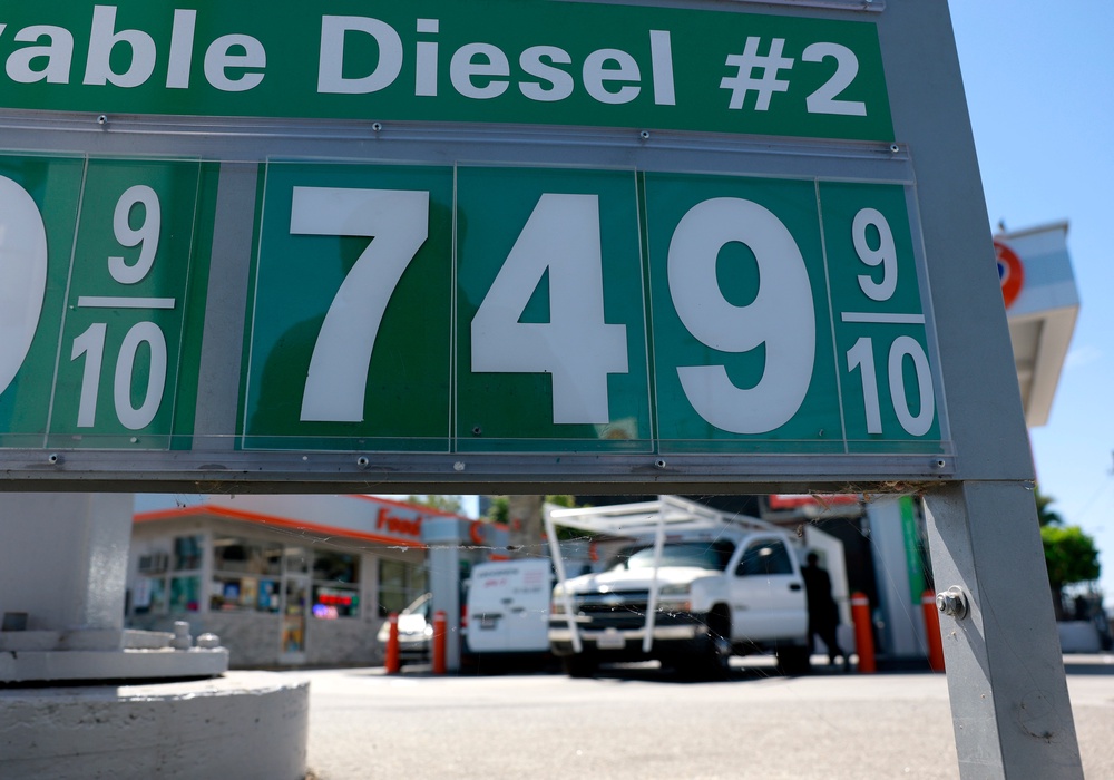 Diesel prices over $7 a gallon are displayed on a pump at a gas station (Getty)