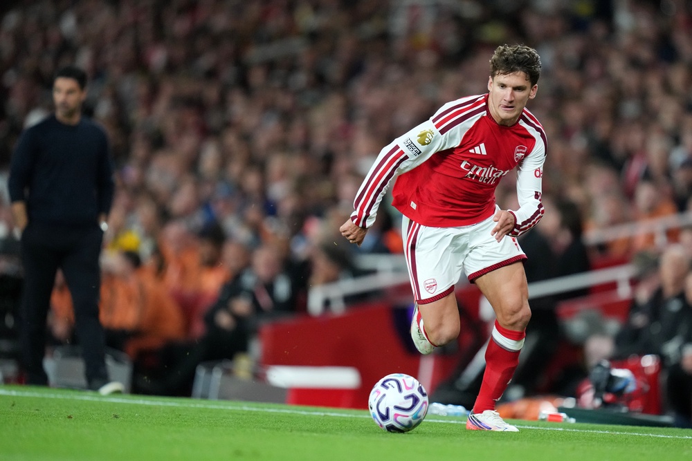 Christos Tzolis sprints down the wing during Arsenal's win over Coventry (AP)
