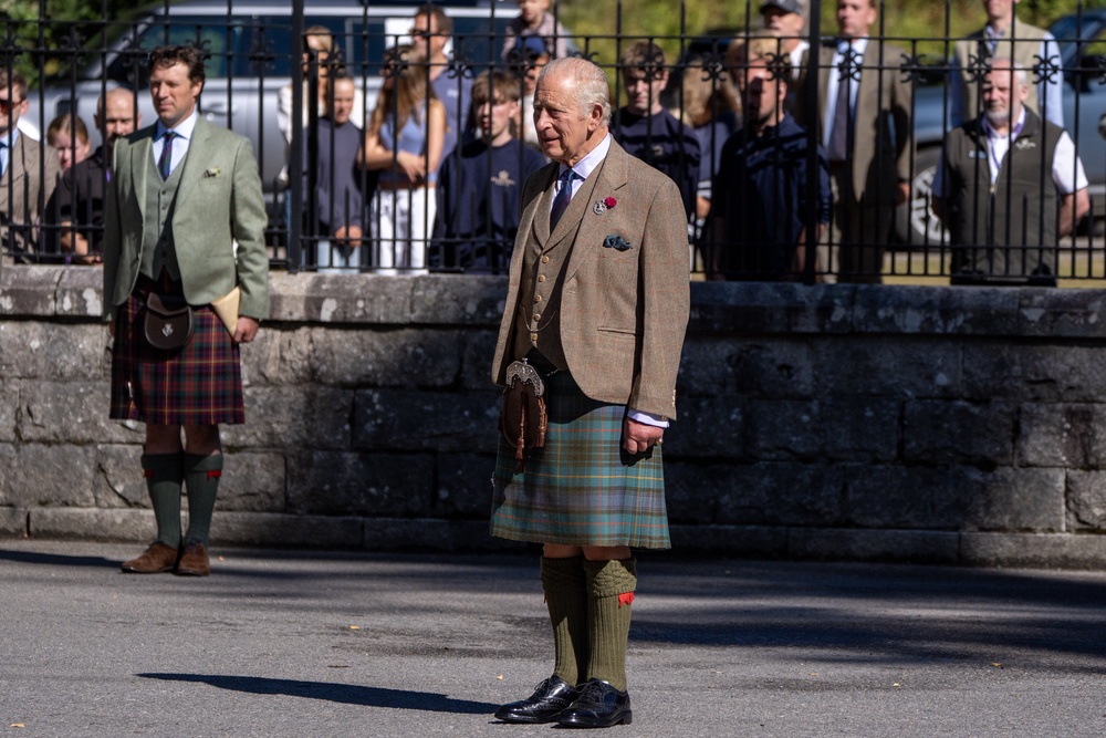 The King carries out an inspection of the Balaklava Company, 5th Battalion, The Royal Regiment of Scotland, at the gates of Balmoral, as he takes up summer residence at the castle (Jane Barlow/PA) (PA Wire)