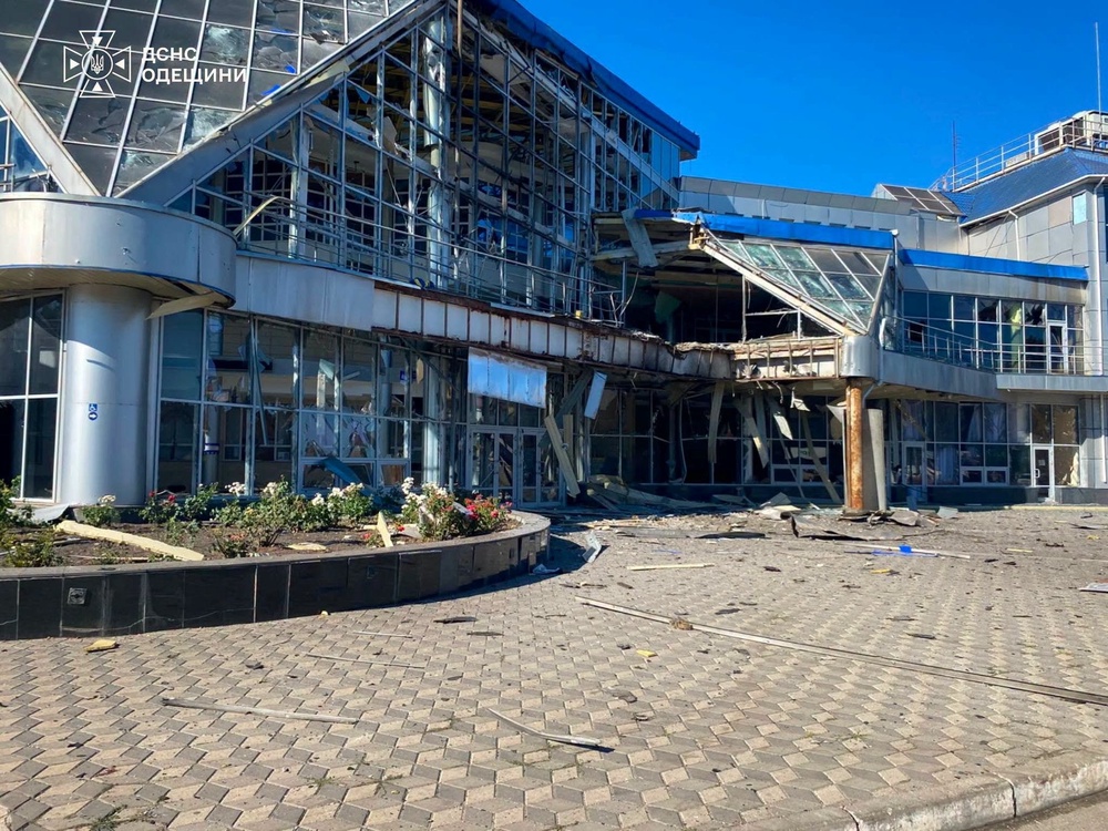 A building of a railway station damaged during overnight Russian drone and missile strikes in the town of Rozdilna (Reuters)