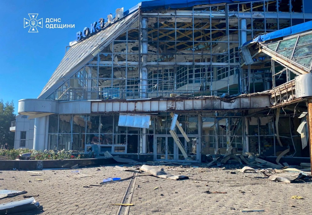 A building of a railway station damaged during overnight Russian drone and missile strikes in the town of Rozdilna (Reuters)