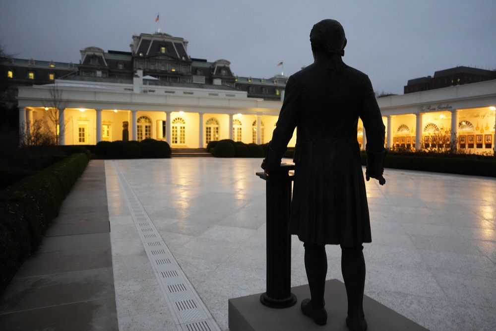 Trump Rose Garden Statues (Copyright 2026 The Associated Press. All rights reserved.)
