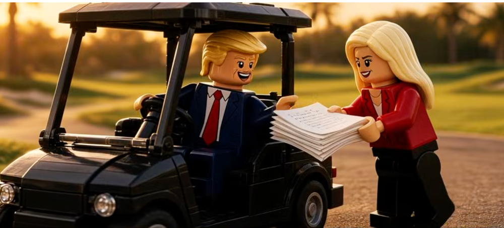 AI-generated versions of Trump and Harp as Lego figures show the 35-year-old White House aide following the president's golf cart – a reference to recent reports that Harp sprinted to keep up with Trump during a golf trip (drew_ponder / YouTube)