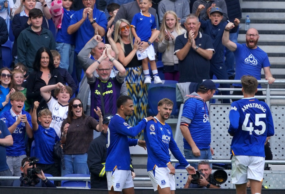 Everton’s Kiernan Dewsbury-Hall celebrates scoring their first goal with Iliman Ndiaye (Reuters)