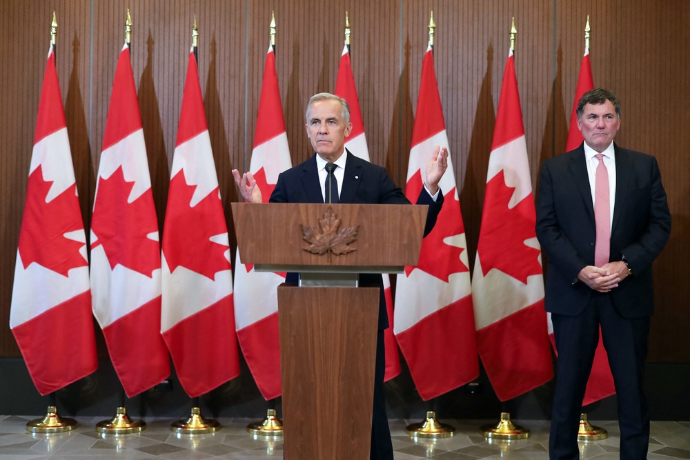 Canadian Prime Minister Mark Carney speaks at a press conference after trade talks with the US collapsed (AFP/Getty)