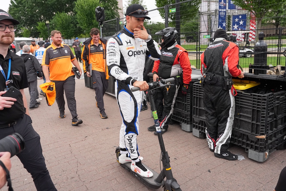 Alex Palou, pictured riding a scooter at the Freedom 250 Grand Prix track, described the circuit as ‘very bumpy’ (AP)