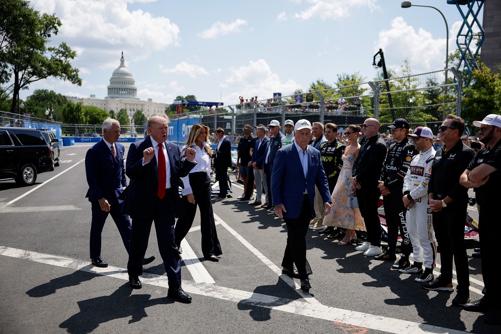 President Donald Trump arrived at the Freedom 250 Grand Prix event Sunday afternoon (Reuters)