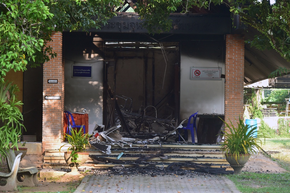 Fire damage is seen at a building in the Bongor Subdistrict Administrative Organisation office in Ra-ngae district in the southern Thai province of Narathiwat (AFP/Getty)