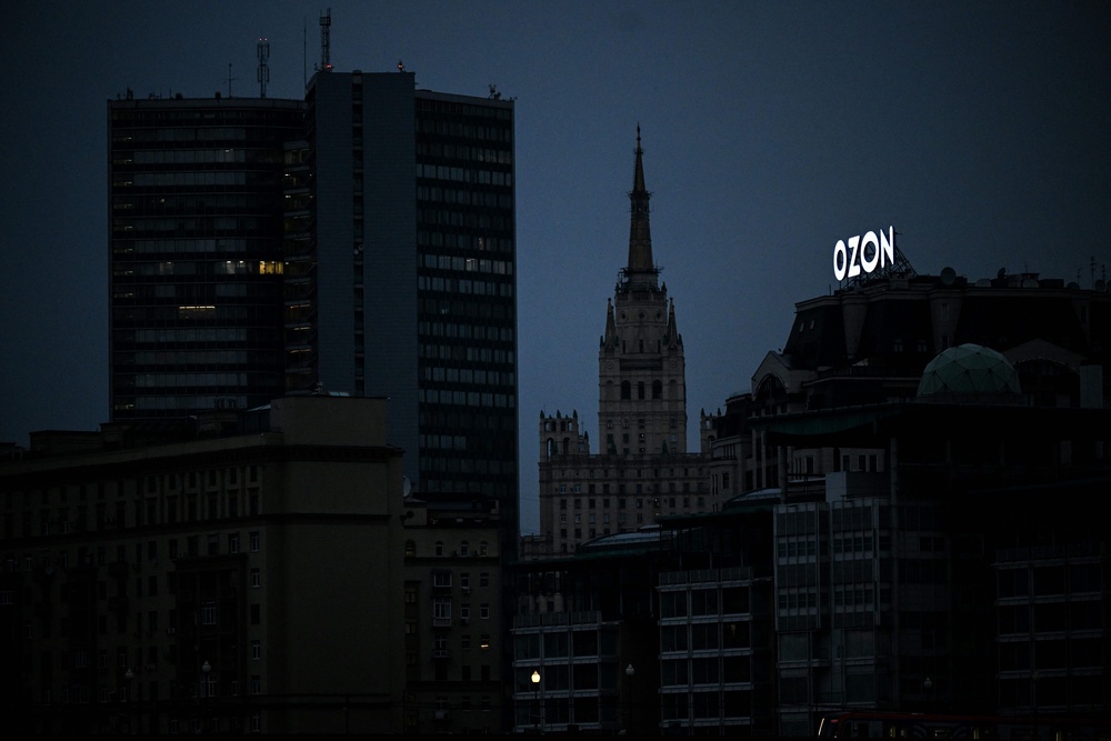 Russia's online retailer Ozon is seen in front of one of the Stalin-era skyscraper in Moscow (AFP/Getty)