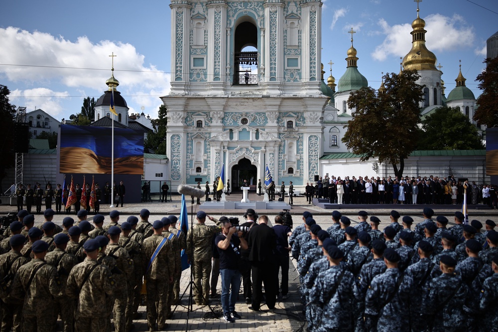 Ukrainian President Volodymyr Zelensky addresses Ukrainian naval infantry and European leaders during a commemorative ceremony marking Ukraine’s 35th Independence Day outside St Sofia Cathedral in Kyiv, Ukraine (Henry Nicholls/PA) (PA Wire)