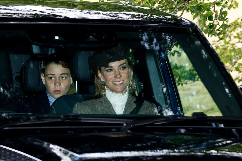 George of Wales and Catherine, Princess of Wales, Duchess of Rothsay arrive ahead of a service at Crathie Kirk Church on August 23, 2026 (Getty)