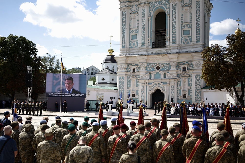 Mr Burnham addressed the National Guard of Ukraine and European leaders in Kyiv (Henry Nicholls/PA) (PA Wire)