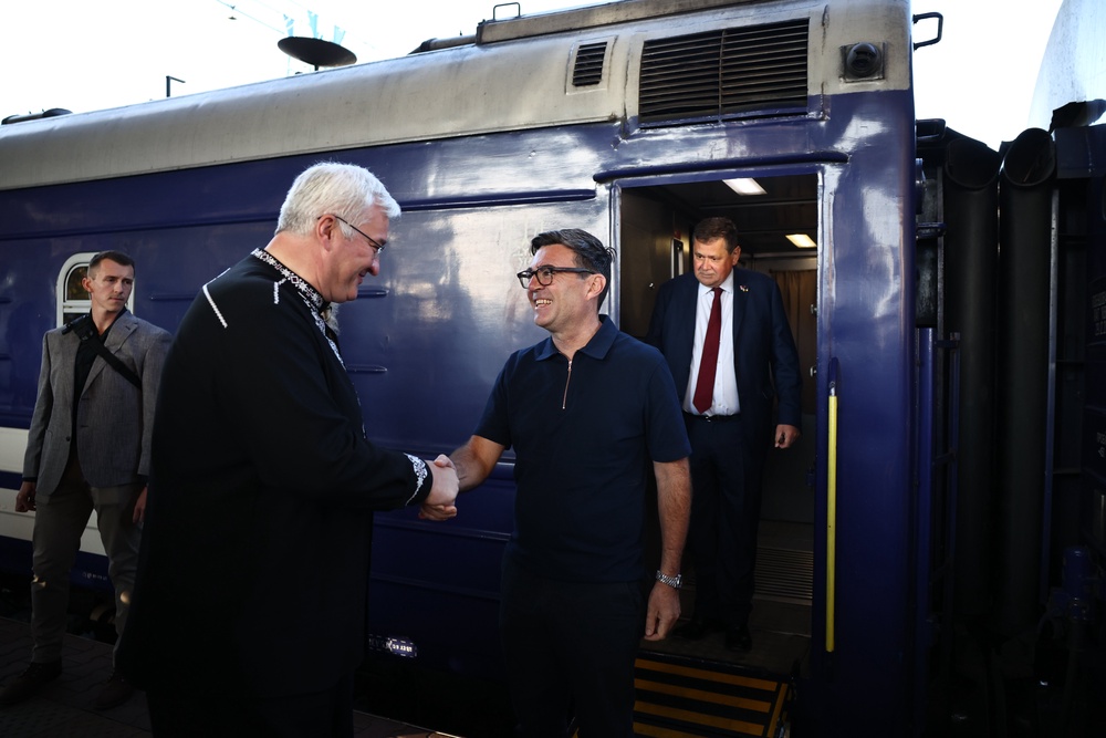 Ukraine’s foreign affairs minister Andrii Sybiha (left) welcomes Prime Minister Andy Burnham as he arrives by train in Kyiv (Henry Nicholls/PA) (PA Wire)
