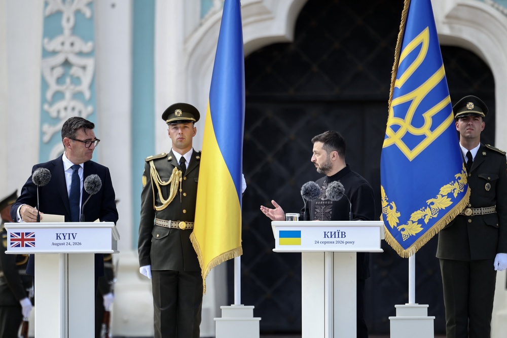Prime Minister Andy Burnham (left) anf President Volodymyr Zelensky outside St Sofia cathedral in Kyiv, Ukraine (Henry Nicholls/PA) (PA Wire)