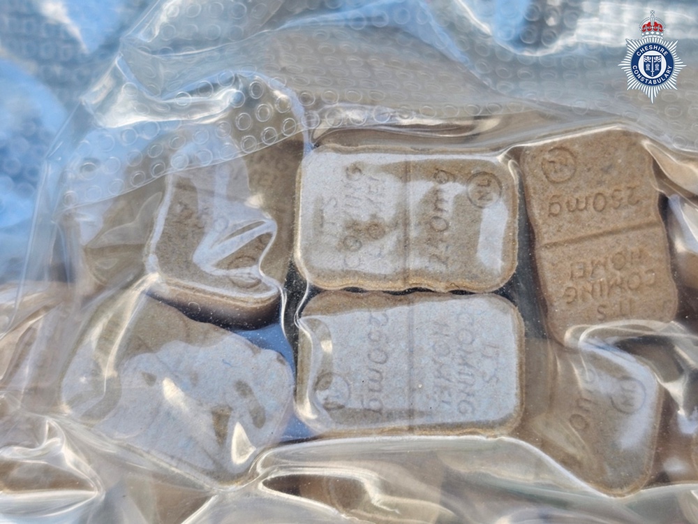 A tablet marked ‘It’s Coming Home’, which was among a large quantity of Class A, B and C drugs found by police buried in the grounds of the Creamfields 2026 festival (Cheshire Police)