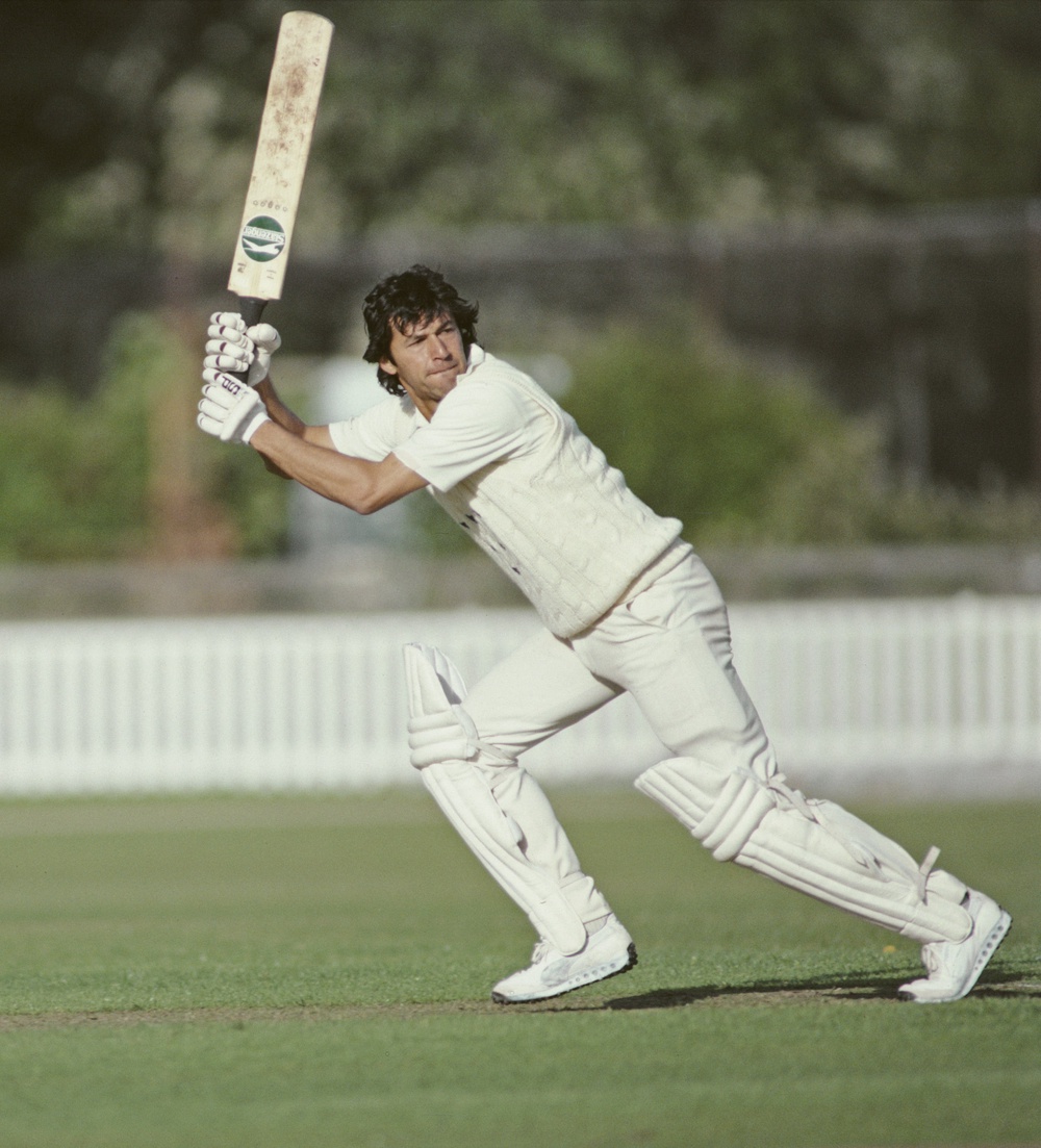 Sussex batsman Imran Khan picks up some runs using a Slazenger bat during a match against Worcestershire in 1981 (Getty Images)
