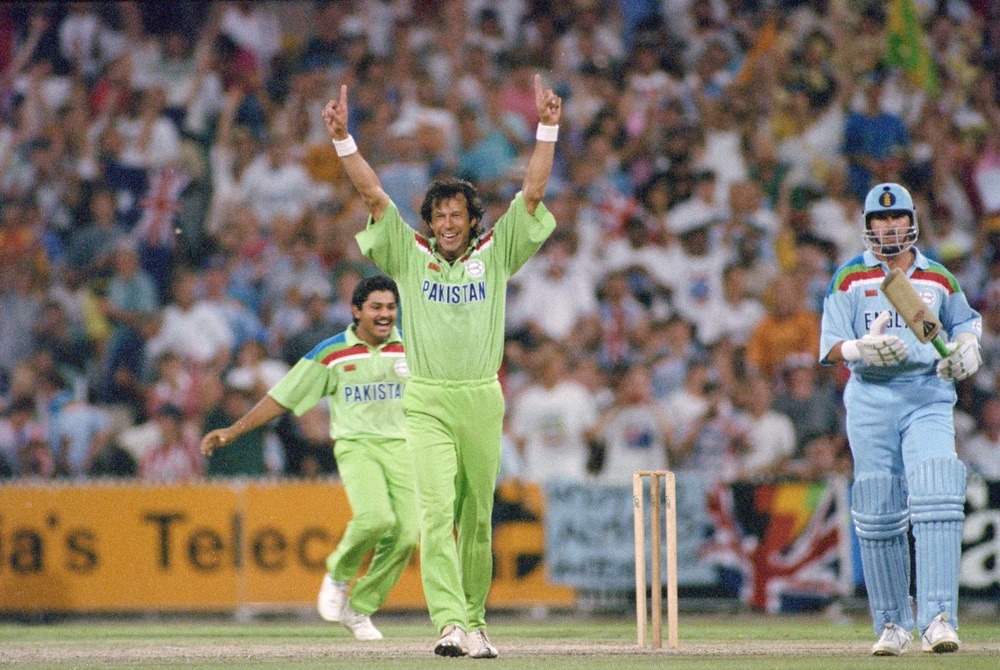 Imran Khan celebrates the moment of victory in the 1992 Cricket World Cup Final in Melbourne (Getty Images)