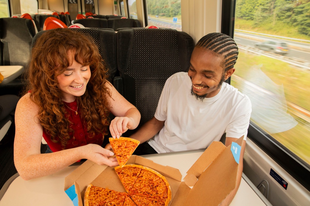 Passengers can pick between Cheese and Tomato, Peperoni Passion, Vegi Supreme and Plant-Based Margheri-tastic for their delivery (Domino's)