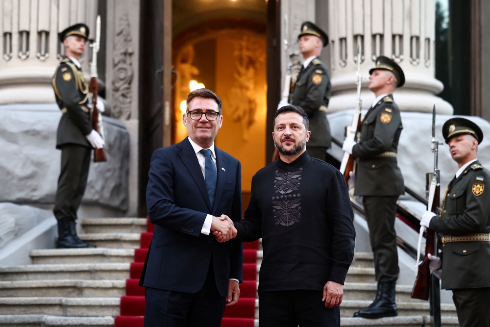 Volodymyr Zelensky welcomes Andy Burnham ahead of their bilateral meeting in Kyiv to mark Ukraine’s Independence Day (PA)