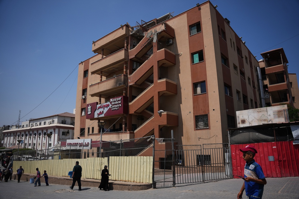 The Nasser Hospital building, which was hit by an Israeli strike on Aug. 25, 2025, killing journalists Mariam Dagga and Hussam al-Masri, among others, is seen in Khan Younis, Gaza Strip, Aug. 16, 2026. (AP Photo/Abdel Kareem Hana) (Copyright 2026 The Associated Press. All rights reserved.)