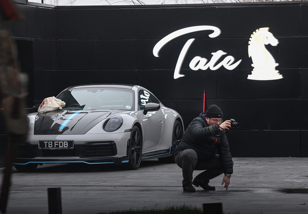 A car at The Hustlers University site belonging to Andrew Tate and his brother in Bucharest on 14 January 2023 (AFP/Getty)