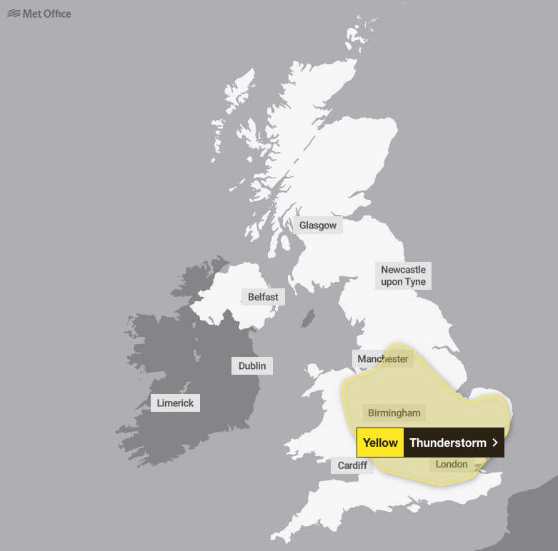 Thunderstorms will cover parts of England and Wales on Wednesday (Met Office)