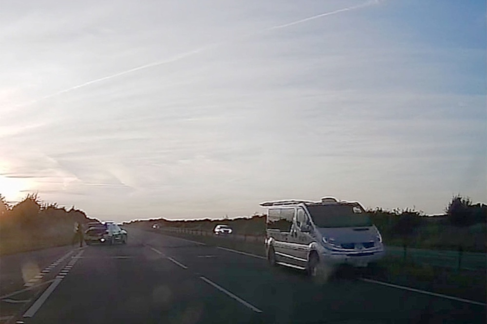 Police stopped a vehicle travelling on the wrong side of the A55 on Anglesey on Monday evening. Dash cam footage caught the moment it was stopped by a spike strip (Martin Williams)