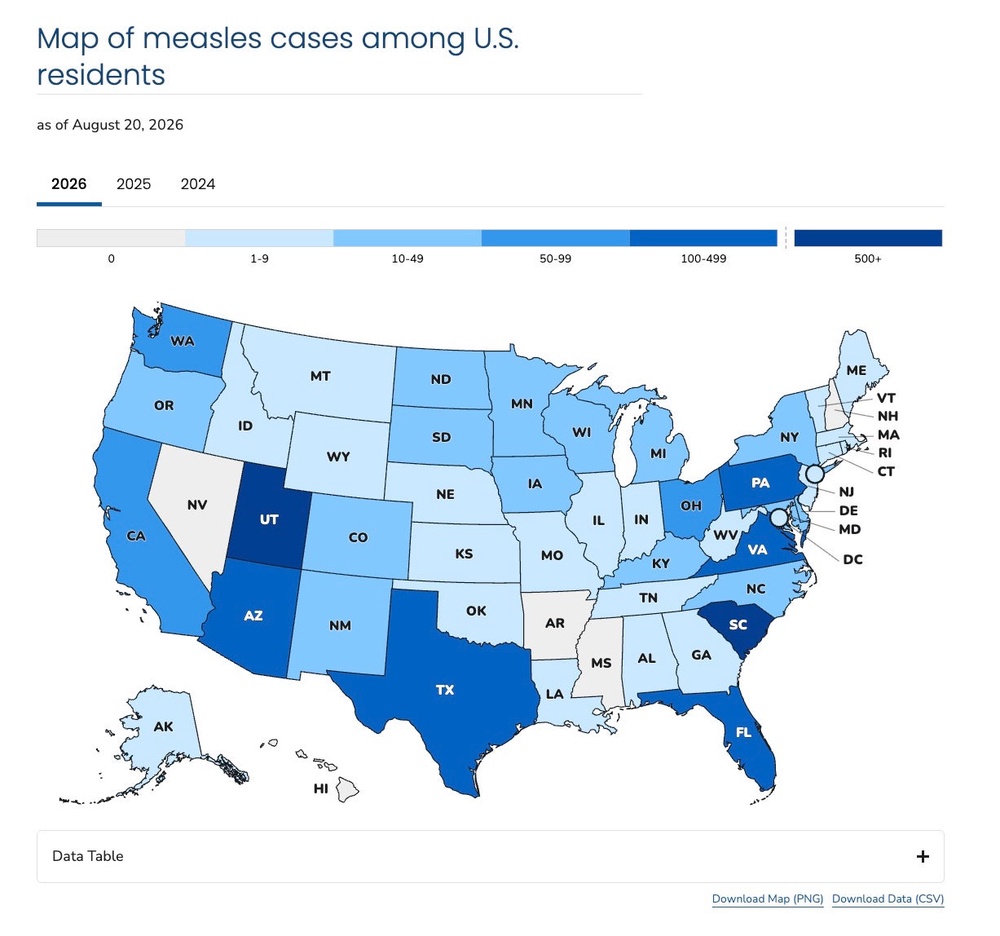 Measles cases in the U.S. this year. The darkest blue shows the states with the highest number of cases and the lightest blue shows states with 1-5 cases. Grey states have no cases (CDC)