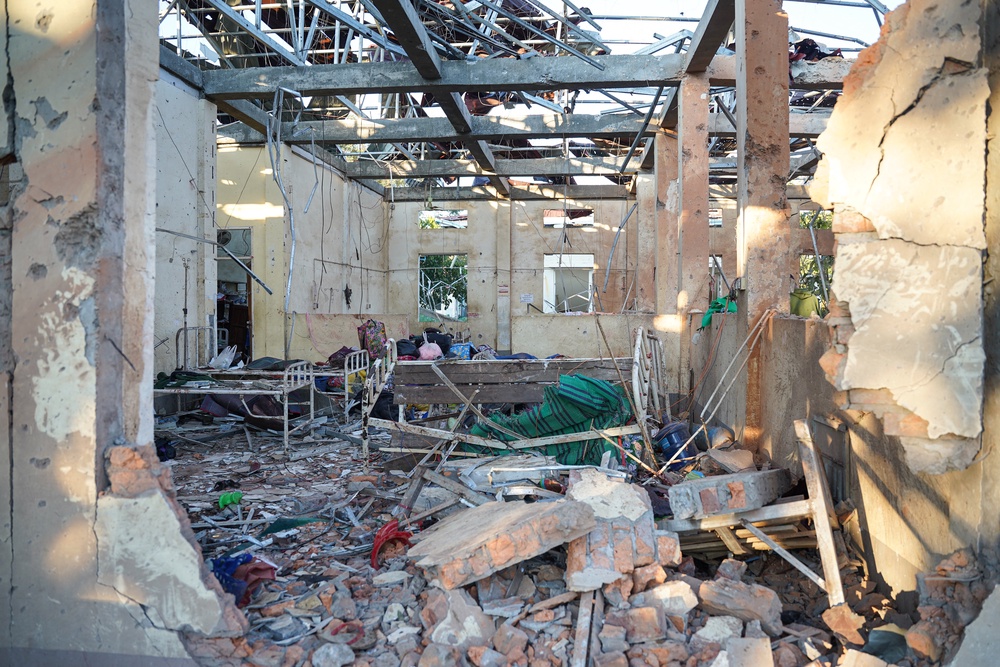 A hospital damaged in an airstrike by the Myanmar military that killed more than 30 people in Mrauk U, Rakhine state, on 11 December 2025 (AFP/Getty)