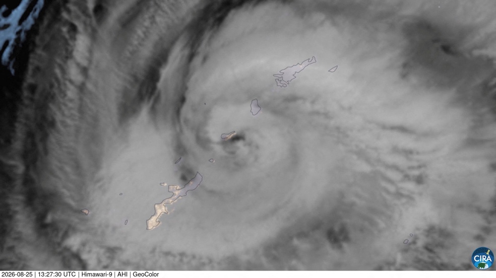 A satellite view shows Typhoon Saudel approaching the Ryukyu Islands, Japan in this screengrab from a timelapse video taken between August 24 and August 25, 2026 (Reuters)