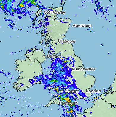 The Met Office has forecast 70 per cent rain coverage in London and Manchester on Saturday, while Cardiff is forecast to see 90 per cent rain coverage (Met Office)