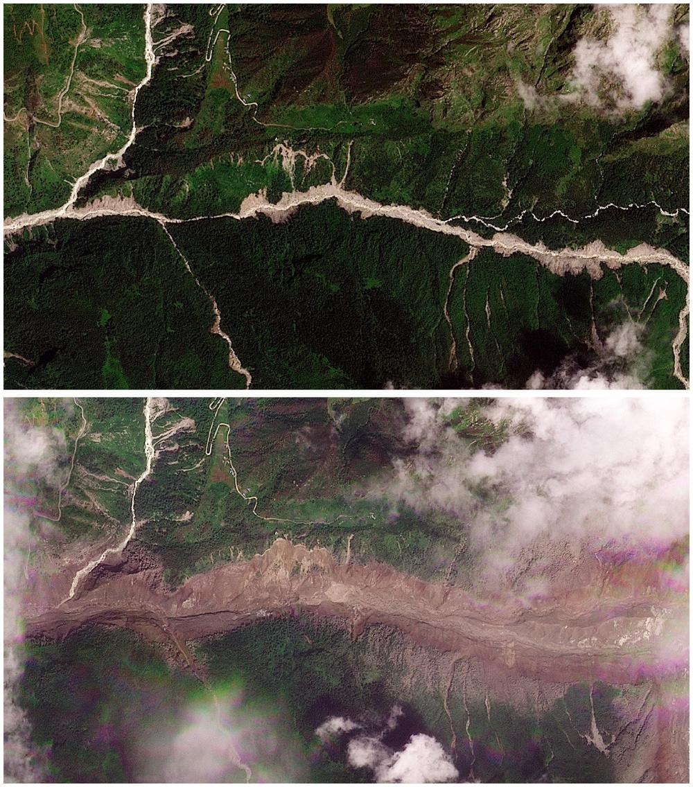 Before and after satellite images show torrent of rock and ice high in Nepalese mountain valley after Nepal-China disaster (Planet Labs PBC)