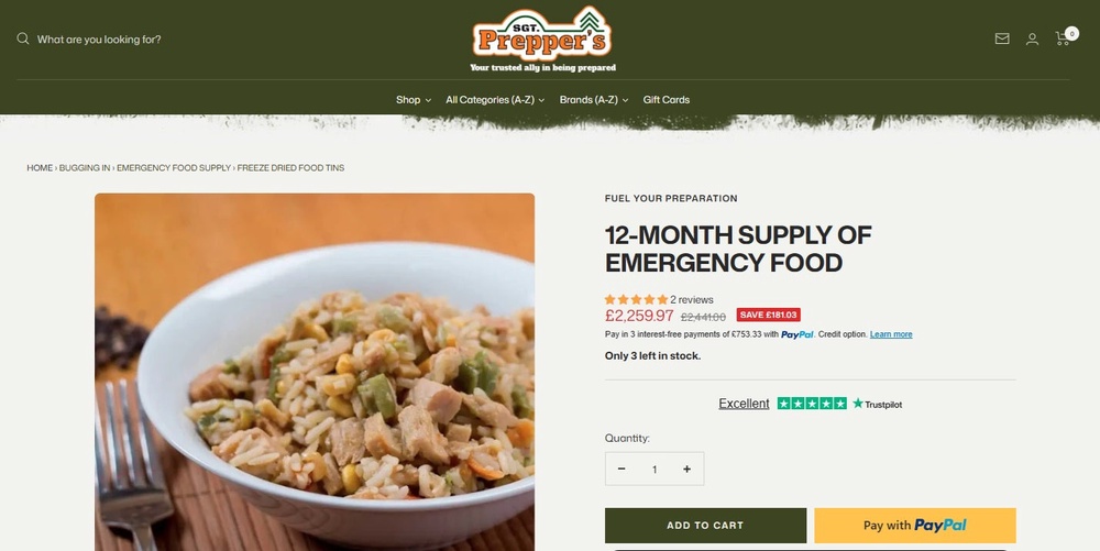 The 12-month supply of food includes '14 great-tasting meals to choose from' and costs £2,259 (Sgt Prepper's)