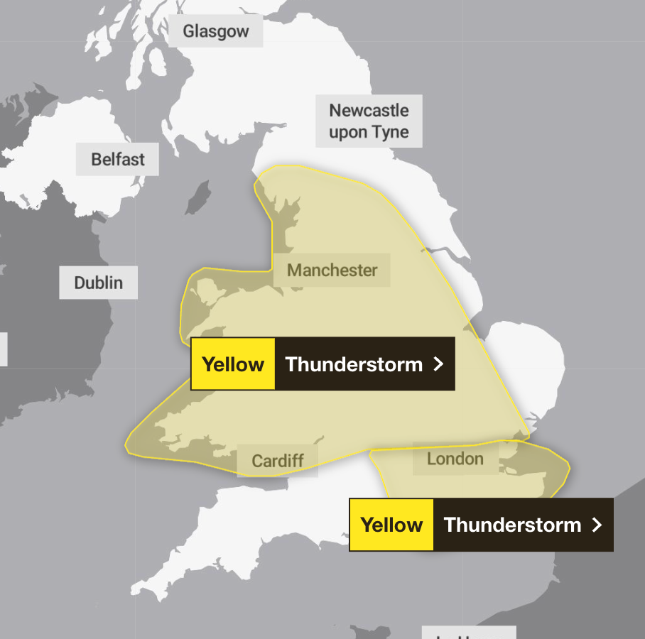 Two thunderstorm warnings are in place on Thursday (Met Office)