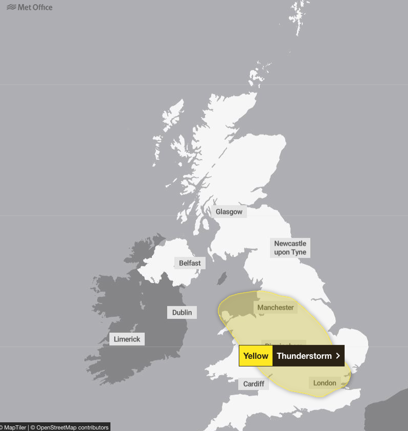 A yellow thunderstorm warning is in place across England and Wales (Met Office)