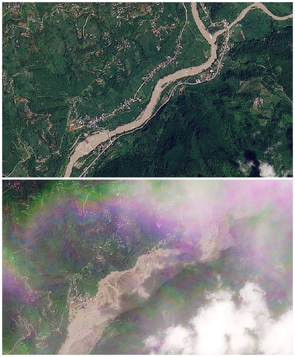 A combination of satellite images show Tupche before and after a flash flood (Reuters)