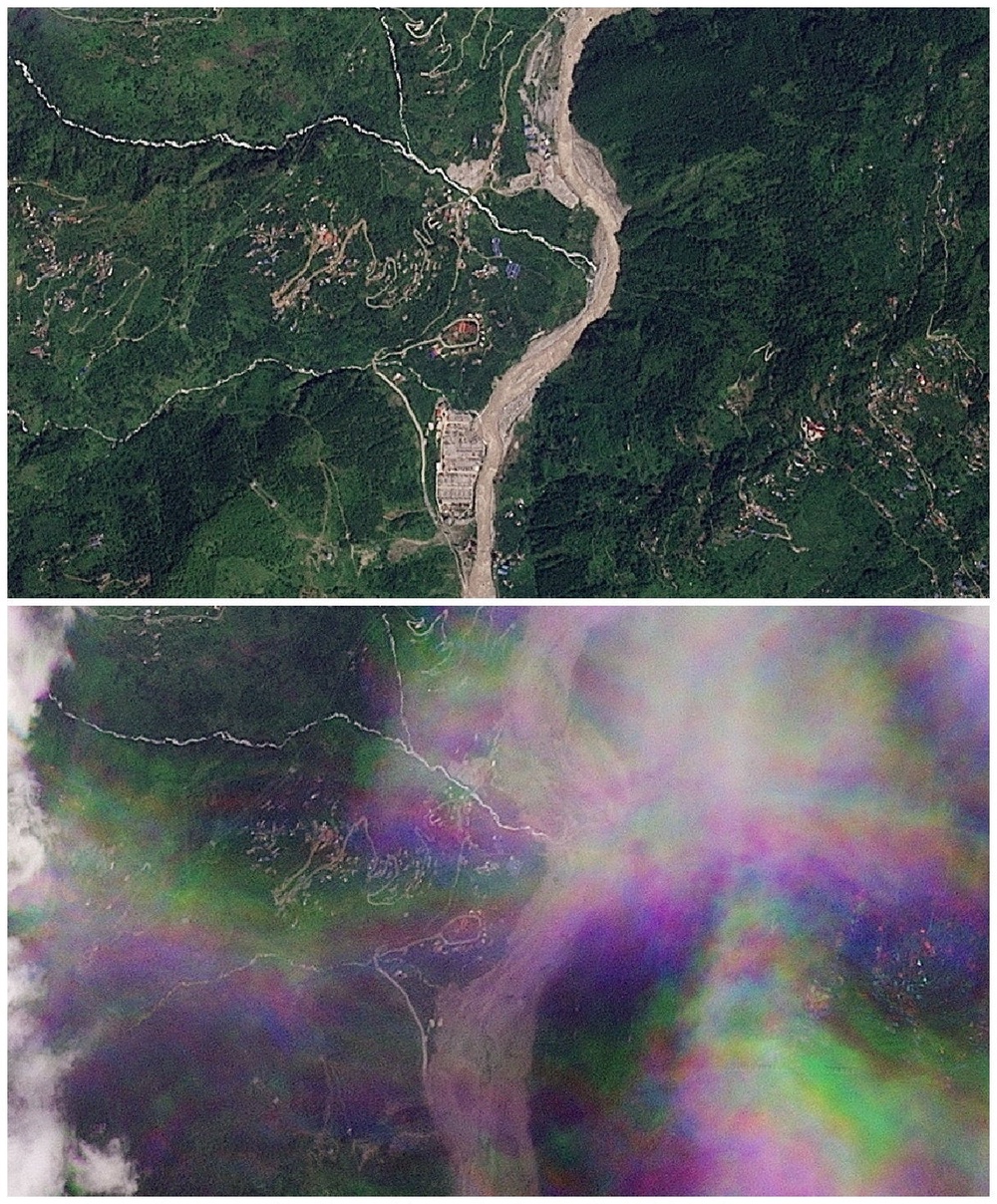 A combination of satellite images show Manakamana before and after a flash flood (Reuters)