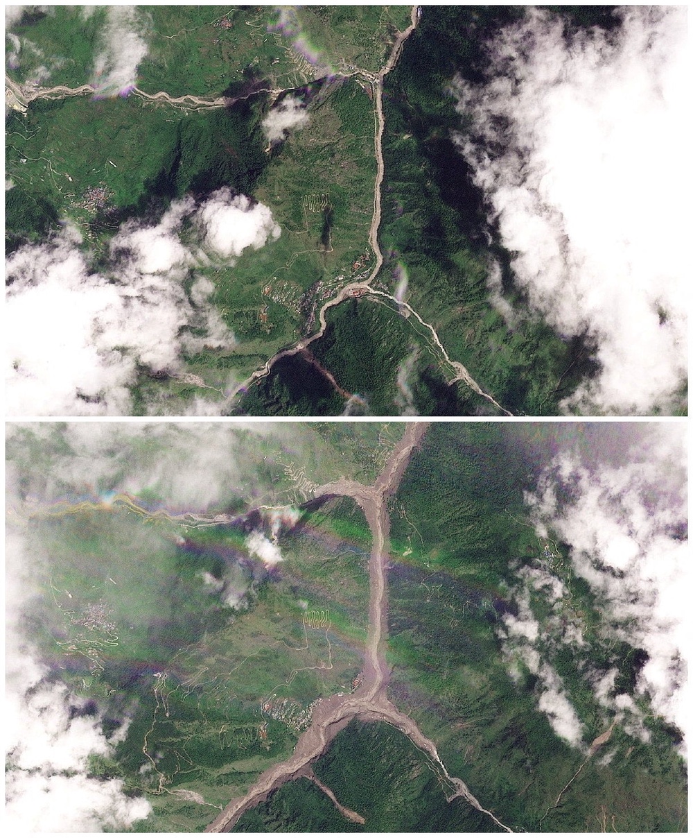 Satellite images show the Syapru Besi area in Nepal before the floods on 26 August 2026 and after (Reuters)