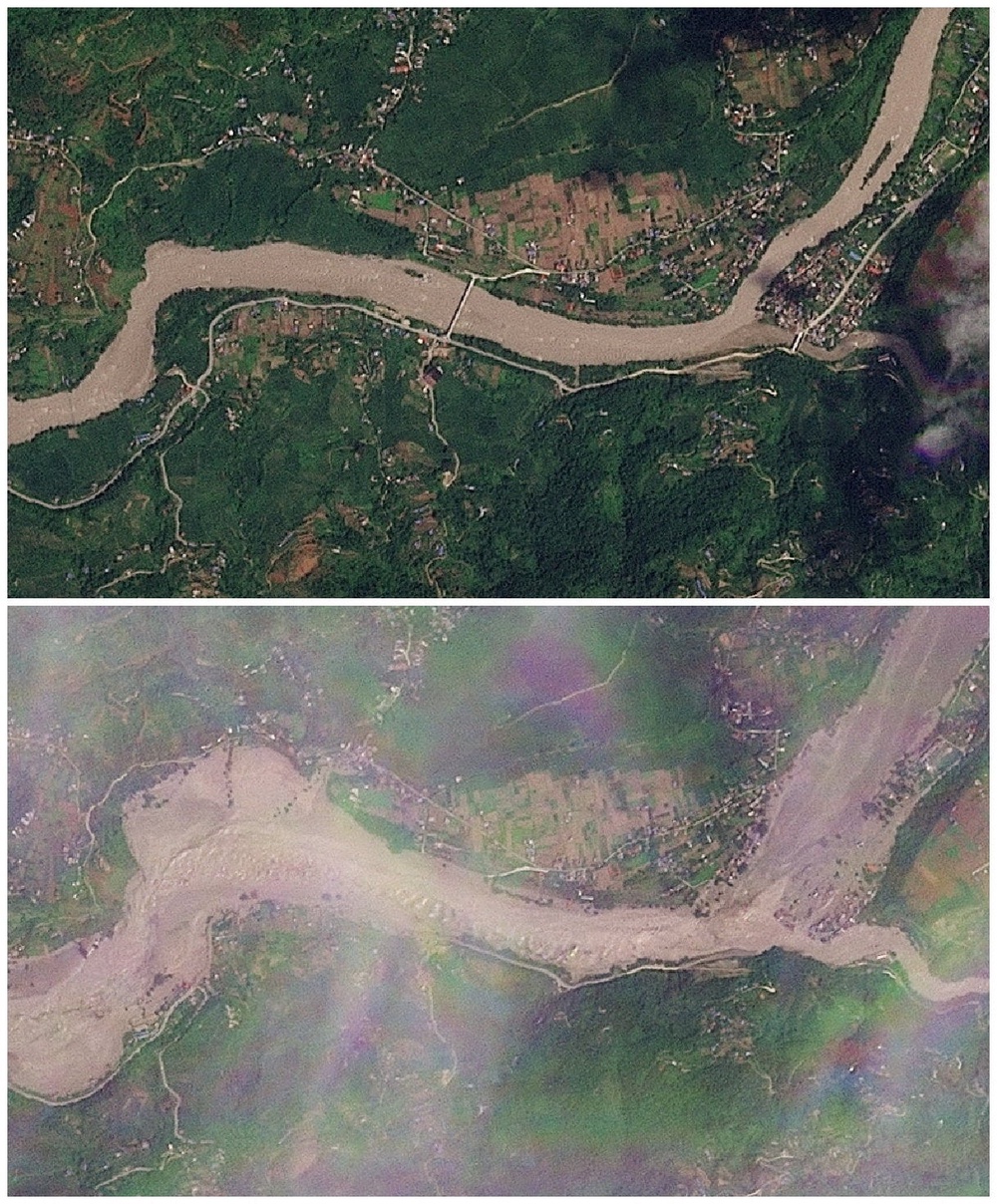 Satellite images shows Nepal’s Khadga Bhanjyang area before and after the floods (Reuters)