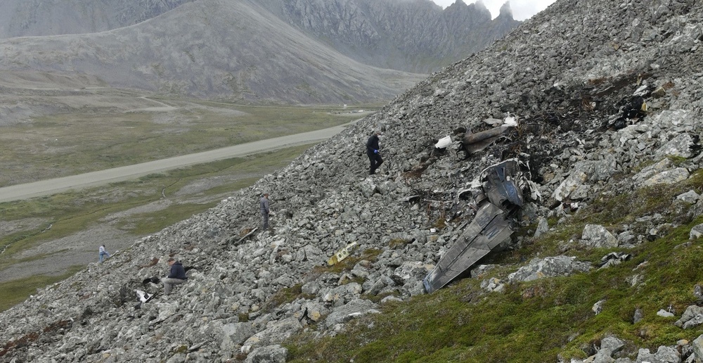 NTSB investigators document the accident site Aug. 23, 2026, of the Cessna 441 airplane that crashed near Cape Newenham, Alaska, on Aug. 20 (AP)