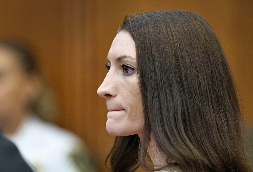 Lindsay Clancy listens to the testimony of Dr. Gregory Saathoff during her murder trial in Plymouth Superior Court (AP)